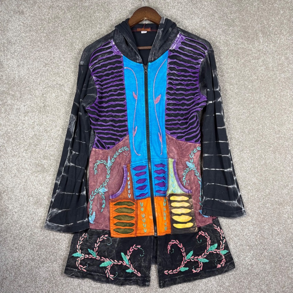 Windhorse Patchwork Nepal Hoodie Jacket XL Boho Embroidered Cotton